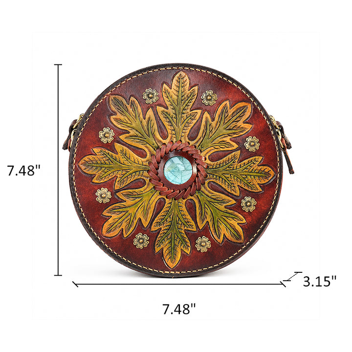 Hand-Tooled Labradorite Leather Round Bag Boho Crossbody Purse