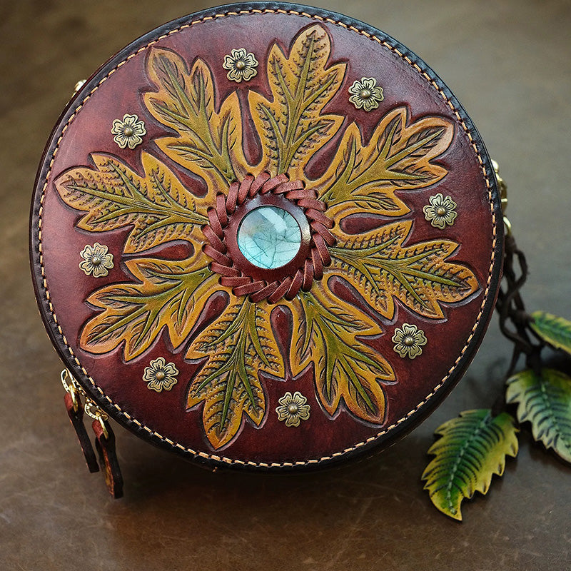 Hand-Tooled Labradorite Leather Round Bag Boho Crossbody Purse