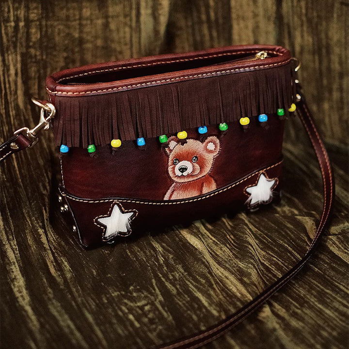 Hand-Tooled Bear Fringe Leather Crossbody Bag Boho Shoulder Purse