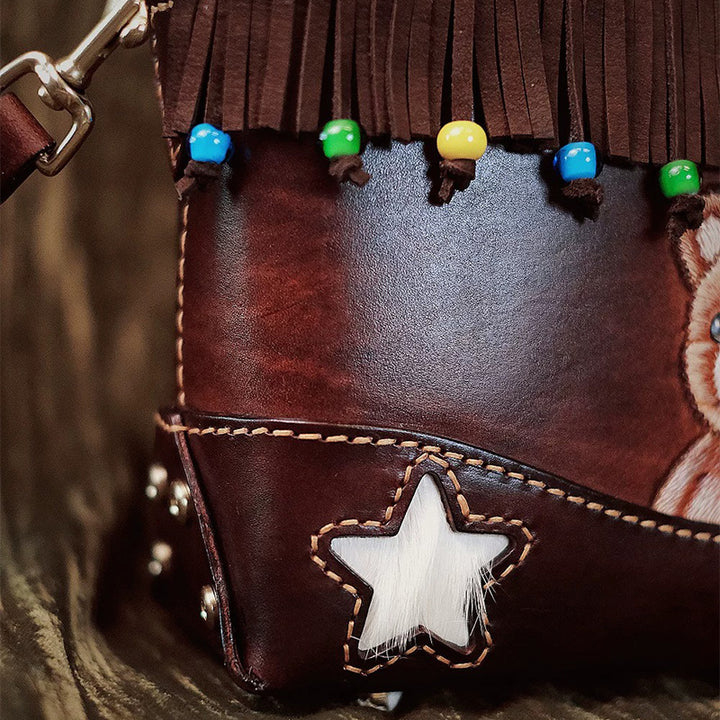 Hand-Tooled Bear Fringe Leather Crossbody Bag Boho Shoulder Purse