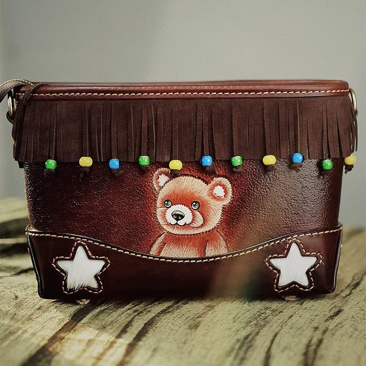 Hand-Tooled Bear Fringe Leather Crossbody Bag Boho Shoulder Purse