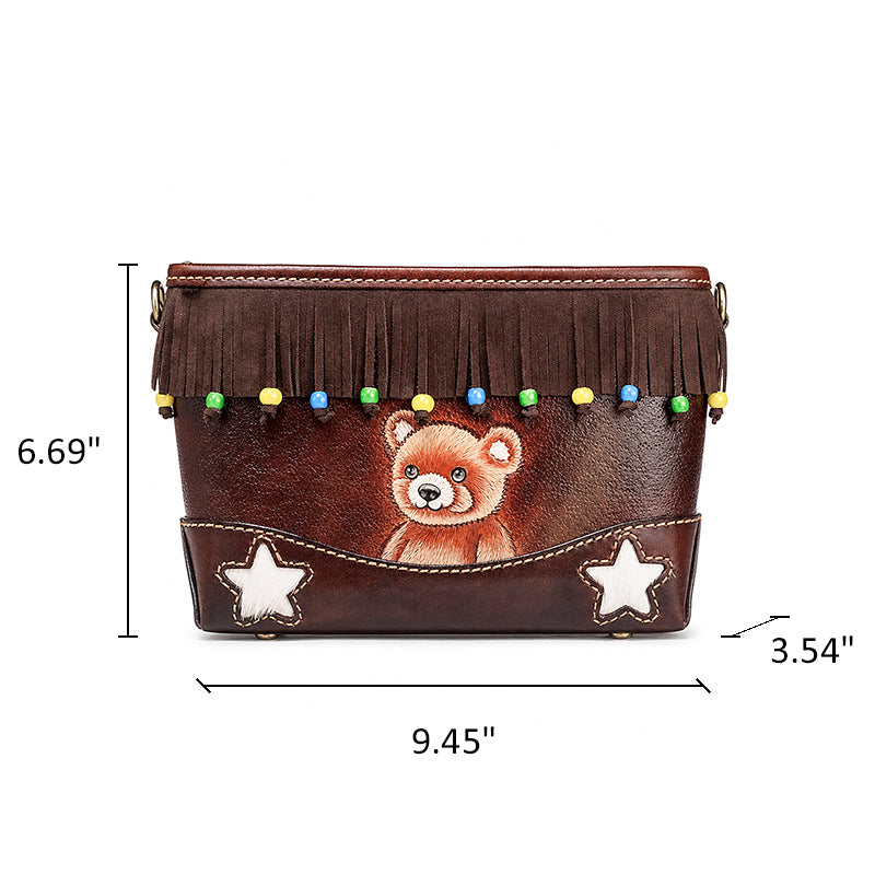 Hand-Tooled Bear Fringe Leather Crossbody Bag Boho Shoulder Purse