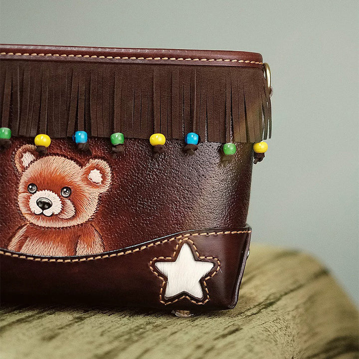 Hand-Tooled Bear Fringe Leather Crossbody Bag Boho Shoulder Purse