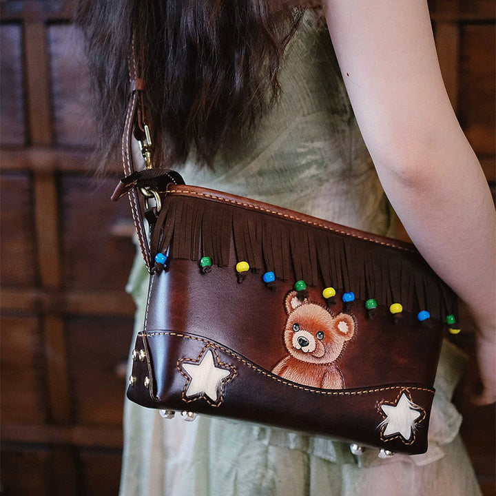 Hand-Tooled Bear Fringe Leather Crossbody Bag Boho Shoulder Purse