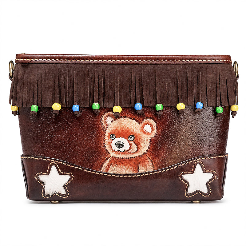 Hand-Tooled Bear Fringe Leather Crossbody Bag Boho Shoulder Purse