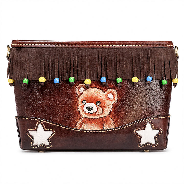 Hand-Tooled Bear Fringe Leather Crossbody Bag Boho Shoulder Purse