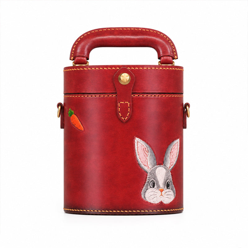 Hand-Tooled Rabbit Leather Cylinder Bag Vintage Bucket Crossbody