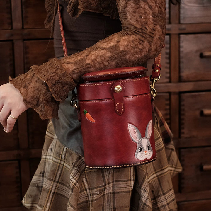 Hand-Tooled Rabbit Leather Cylinder Bag Vintage Bucket Crossbody