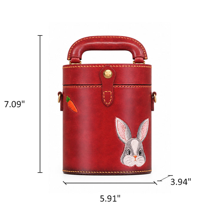 Hand-Tooled Rabbit Leather Cylinder Bag Vintage Bucket Crossbody