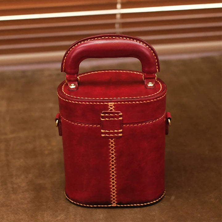 Hand-Tooled Rabbit Leather Cylinder Bag Vintage Bucket Crossbody