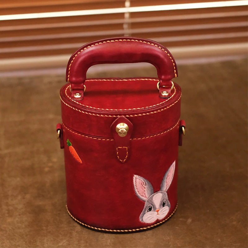 Hand-Tooled Rabbit Leather Cylinder Bag Vintage Bucket Crossbody