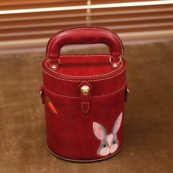 Hand-Tooled Rabbit Leather Cylinder Bag Vintage Bucket Crossbody