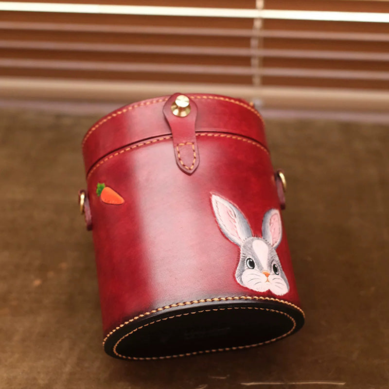 Hand-Tooled Rabbit Leather Cylinder Bag Vintage Bucket Crossbody