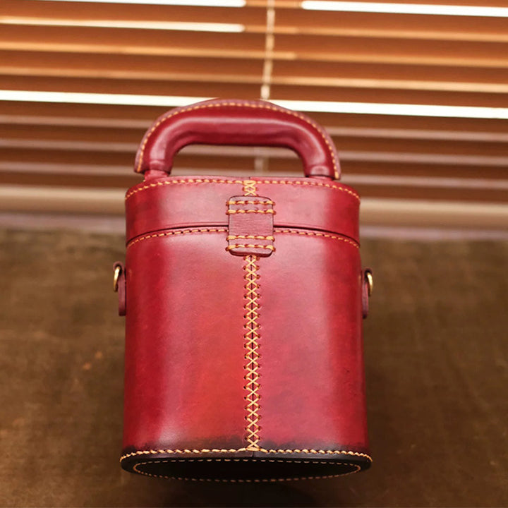 Hand-Tooled Rabbit Leather Cylinder Bag Vintage Bucket Crossbody