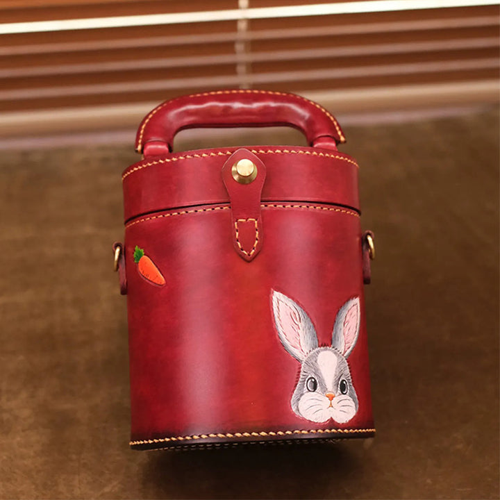 Hand-Tooled Rabbit Leather Cylinder Bag Vintage Bucket Crossbody
