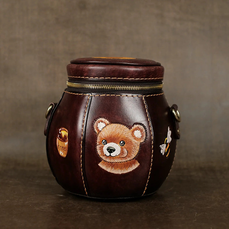 Hand-Tooled Novelty Leather Bag with Honey Jar Shape and Bear Artwork