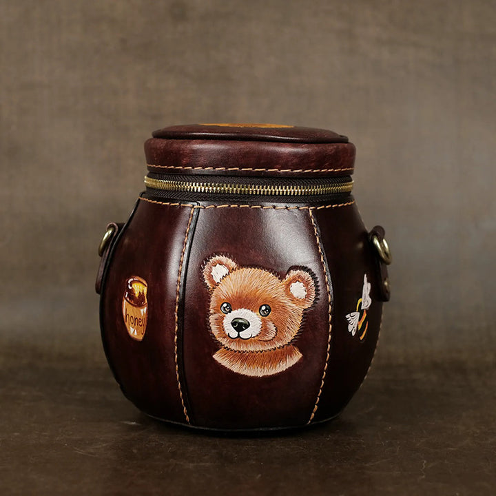 Hand-Tooled Novelty Leather Bag with Honey Jar Shape and Bear Artwork