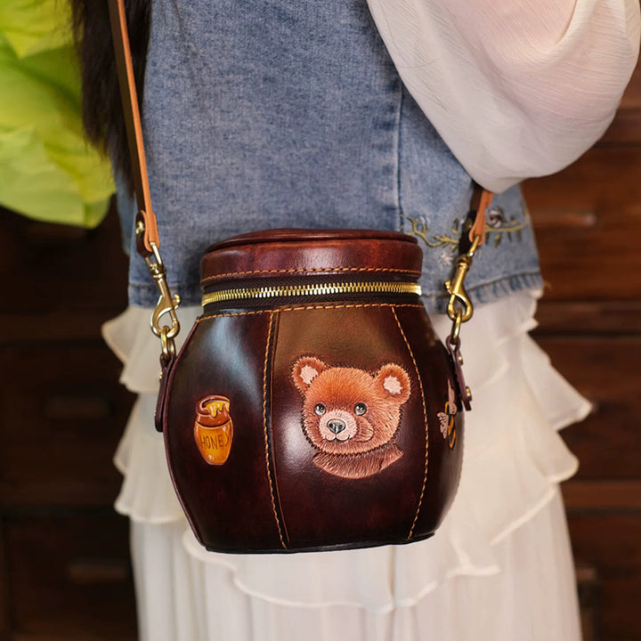 Hand-Tooled Novelty Leather Bag with Honey Jar Shape and Bear Artwork