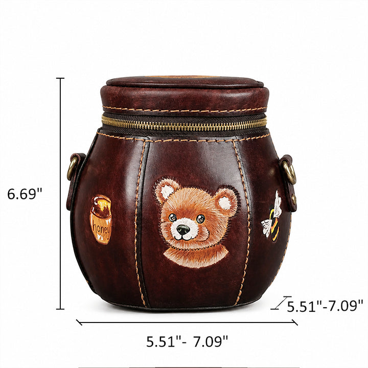 Hand-Tooled Novelty Leather Bag with Honey Jar Shape and Bear Artwork