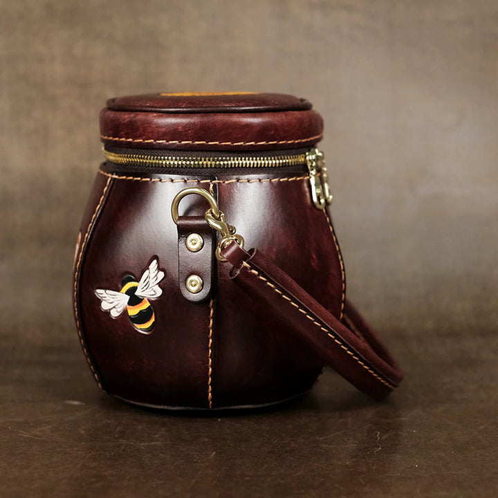 Hand-Tooled Novelty Leather Bag with Honey Jar Shape and Bear Artwork