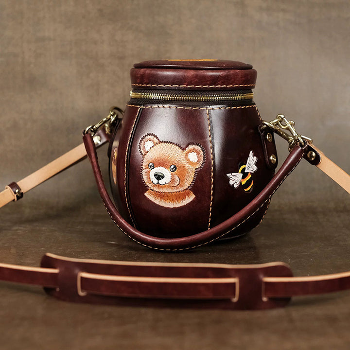 Hand-Tooled Novelty Leather Bag with Honey Jar Shape and Bear Artwork