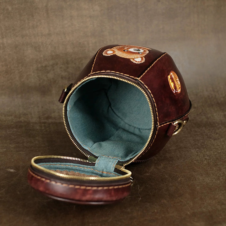 Hand-Tooled Novelty Leather Bag with Honey Jar Shape and Bear Artwork