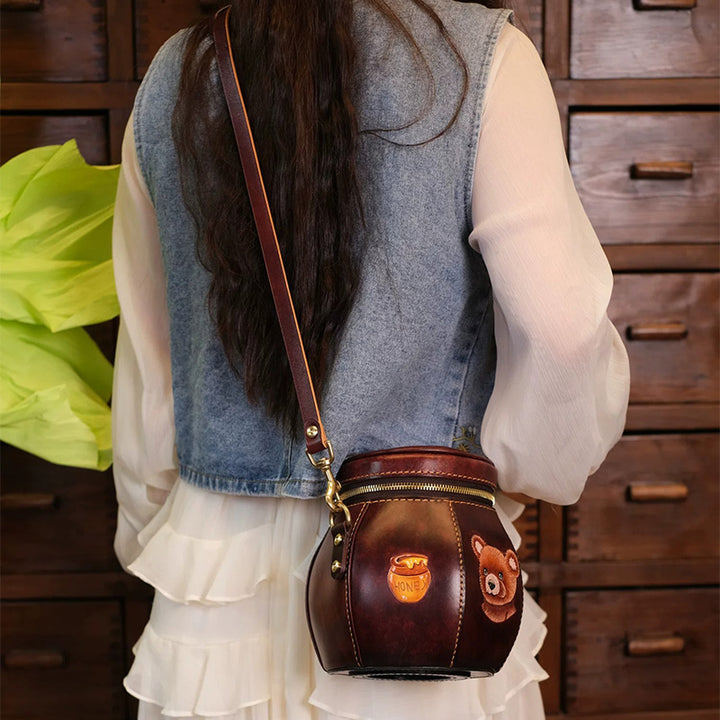 Hand-Tooled Novelty Leather Bag with Honey Jar Shape and Bear Artwork