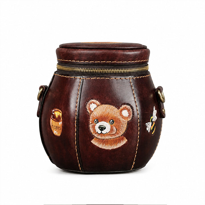 Hand-Tooled Novelty Leather Bag with Honey Jar Shape and Bear Artwork