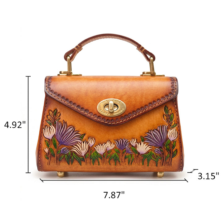 Hand-Tooled Aster Leather Top Handle Bag Vintage Floral Purse