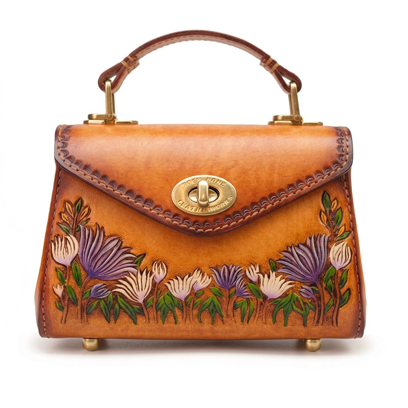Hand-Tooled Aster Leather Top Handle Bag Vintage Floral Purse