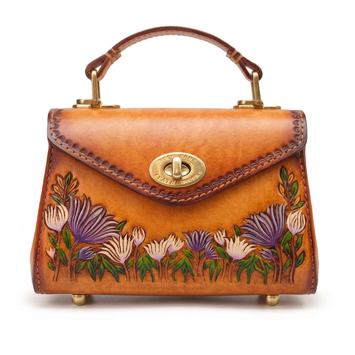Hand-Tooled Aster Leather Top Handle Bag Vintage Floral Purse