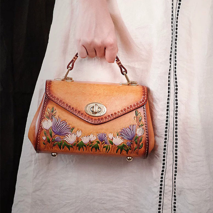 Hand-Tooled Aster Leather Top Handle Bag Vintage Floral Purse