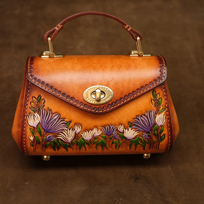 Hand-Tooled Aster Leather Top Handle Bag Vintage Floral Purse