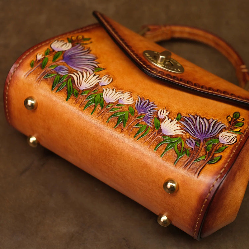 Hand-Tooled Aster Leather Top Handle Bag Vintage Floral Purse