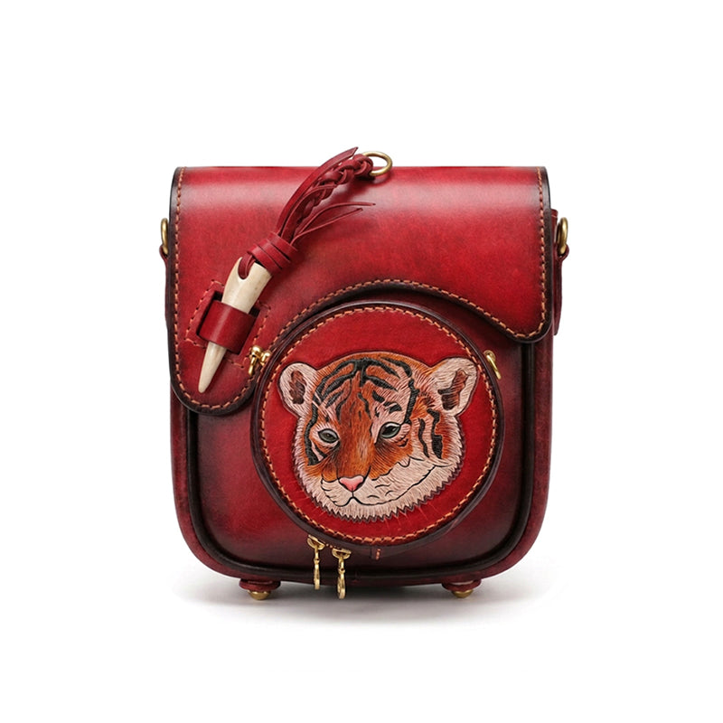 Hand-Tooled Tiger Leather Crossbody Bag with Detachable Pouch