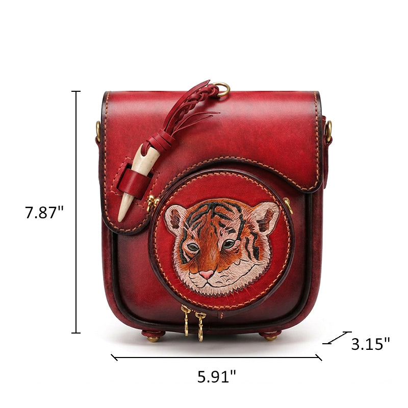 Hand-Tooled Tiger Leather Crossbody Bag with Detachable Pouch