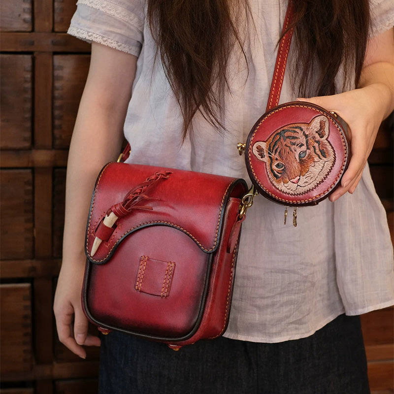 Hand-Tooled Tiger Leather Crossbody Bag with Detachable Pouch
