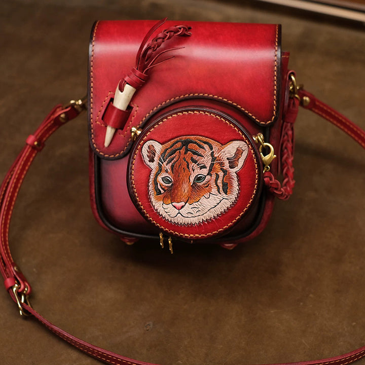 Hand-Tooled Tiger Leather Crossbody Bag with Detachable Pouch