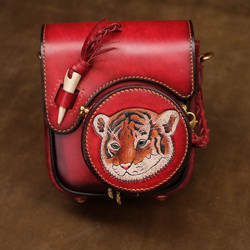 Hand-Tooled Tiger Leather Crossbody Bag with Detachable Pouch