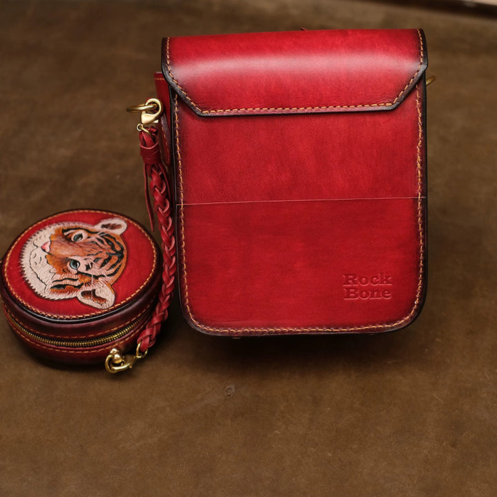 Hand-Tooled Tiger Leather Crossbody Bag with Detachable Pouch