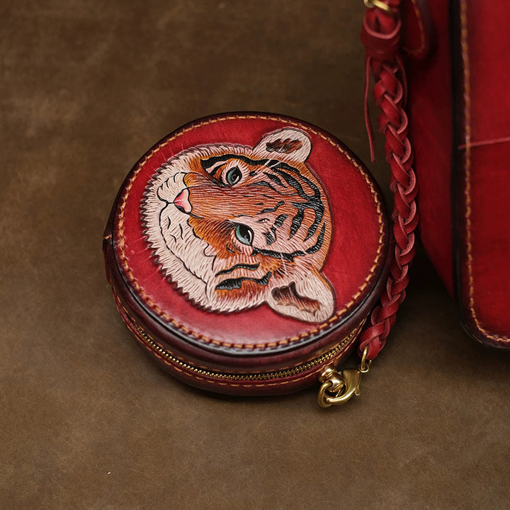 Hand-Tooled Tiger Leather Crossbody Bag with Detachable Pouch