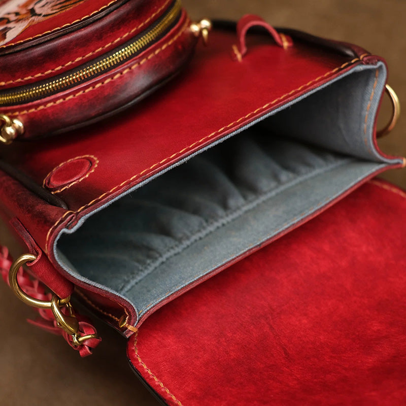 Hand-Tooled Tiger Leather Crossbody Bag with Detachable Pouch