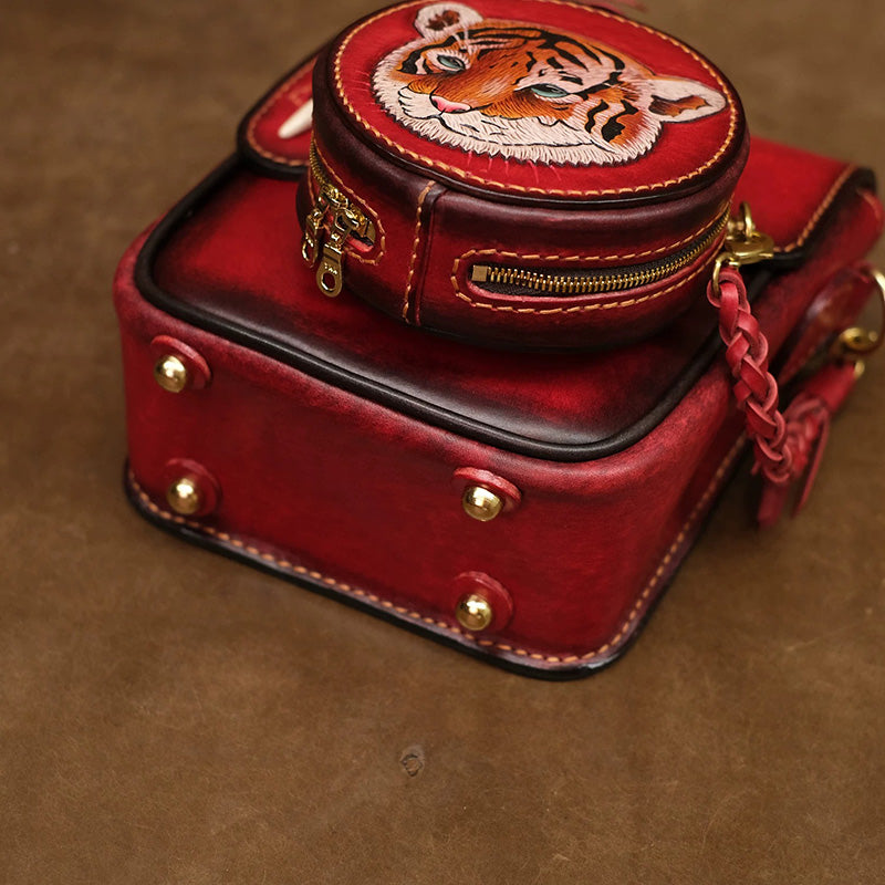 Hand-Tooled Tiger Leather Crossbody Bag with Detachable Pouch