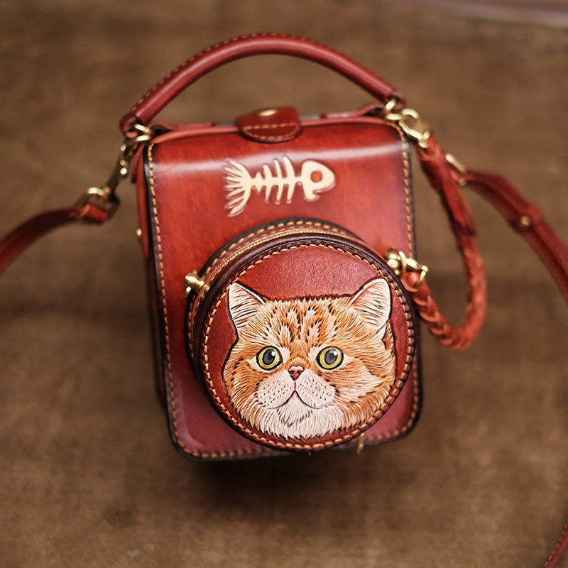Hand-Tooled Cat Leather Crossbody Bag with Removable Coin Pouch