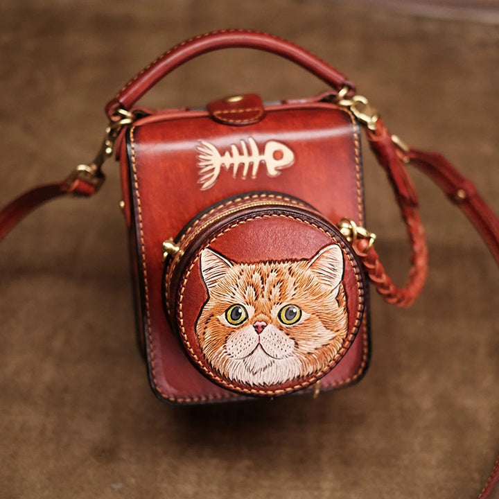 Hand-Tooled Cat Leather Crossbody Bag with Removable Coin Pouch