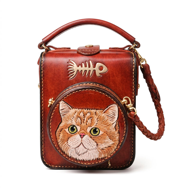 Hand-Tooled Cat Leather Crossbody Bag with Removable Coin Pouch