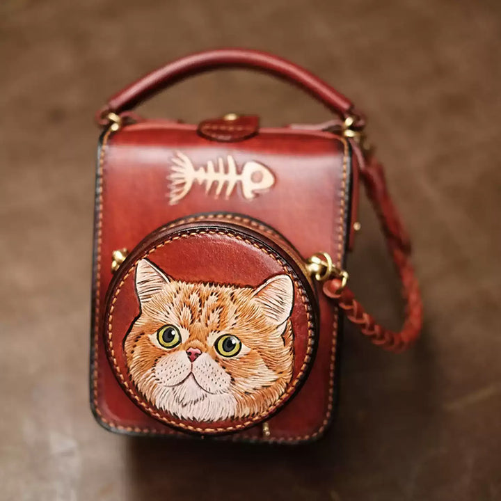 Hand-Tooled Cat Leather Crossbody Bag with Removable Coin Pouch