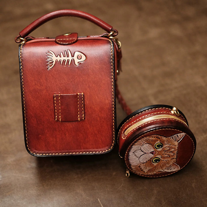 Hand-Tooled Cat Leather Crossbody Bag with Removable Coin Pouch