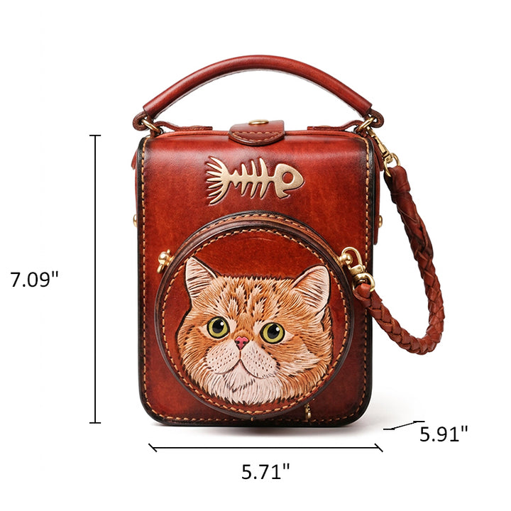 Hand-Tooled Cat Leather Crossbody Bag with Removable Coin Pouch