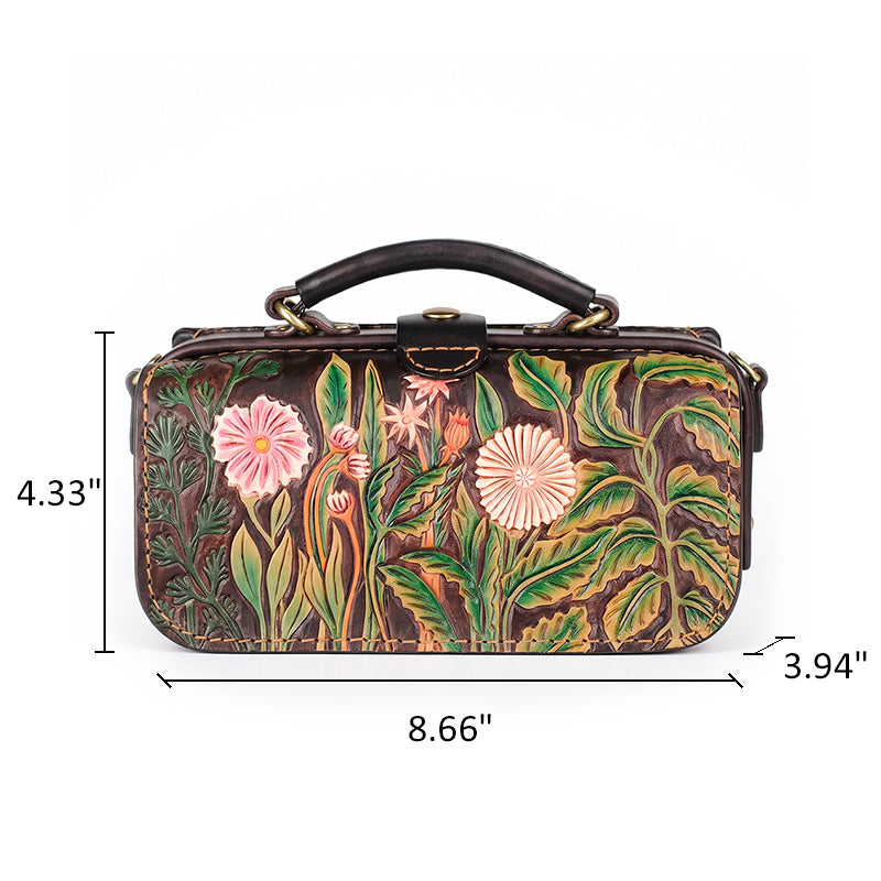 Hand-Tooled Floral Leather Doctor Bag with Crossbody Strap